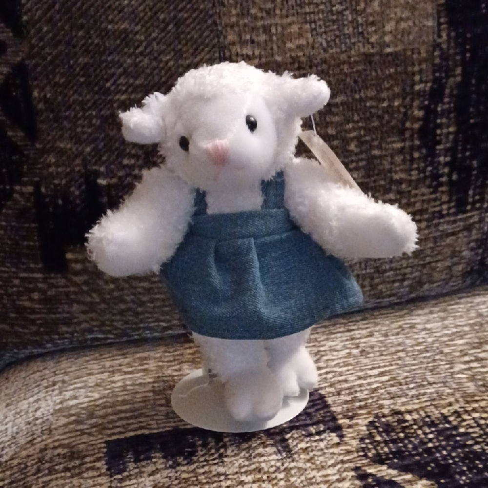 4/$80 Plush White Lamb in Blue Denim Dress - Stand